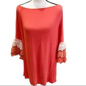 Umgee Coral Gauze Dress/Coverup/Tunic Crochet Trimmed Sleeves Off Shoulder Sz L